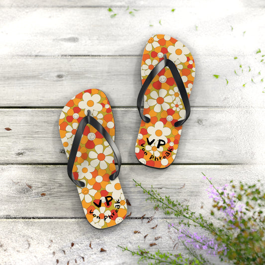 Flip Flops - Von Phreak 60's Daisy Flower with Smileys - Summer Beach Footwear (MTO)