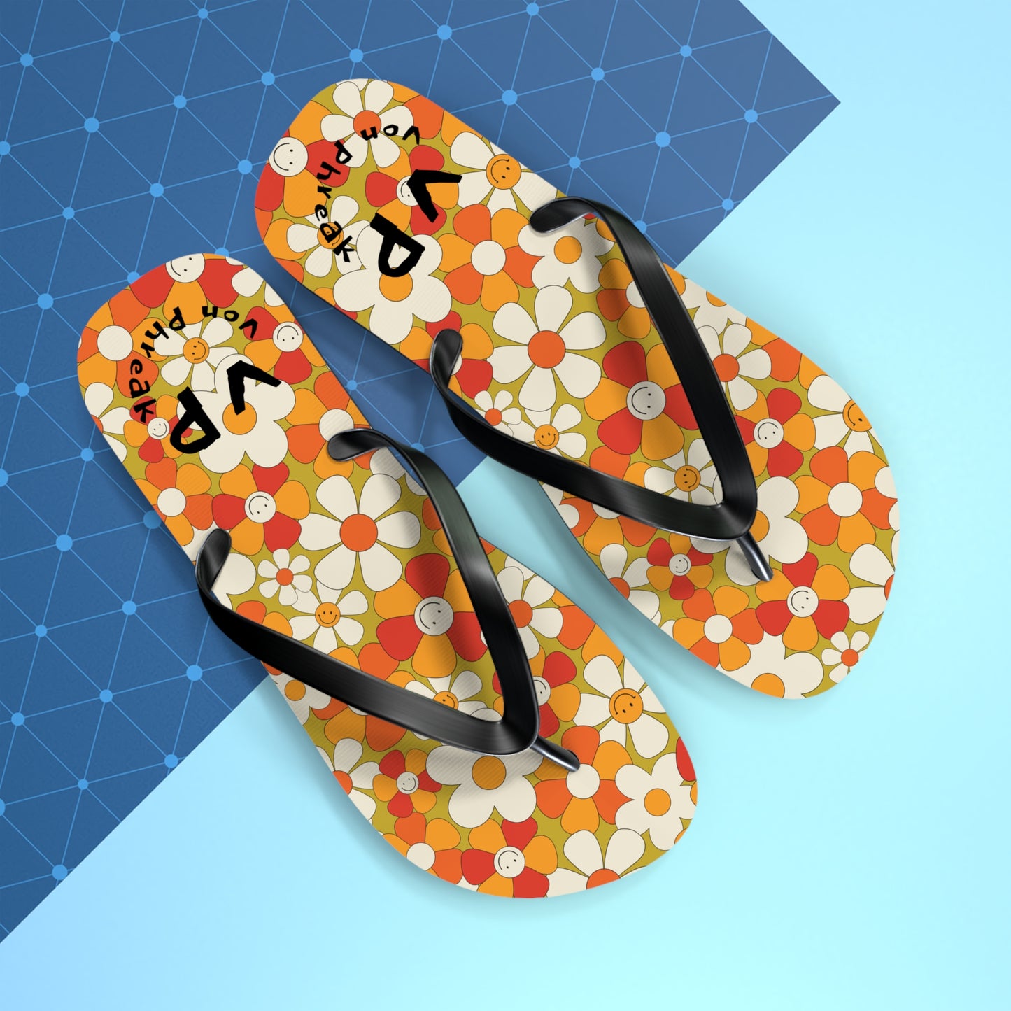 Flip Flops - Von Phreak 60's Daisy Flower with Smileys - Summer Beach Footwear (MTO)