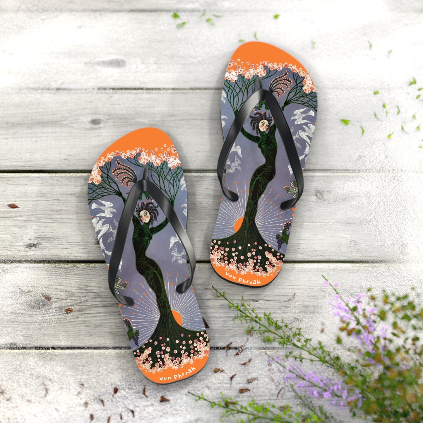 Tree Blossom Lady Flip Flops, Von Phreak Unique Flip Flops, Summer Footwear, Floral Design Beach Shoes, Made to Order