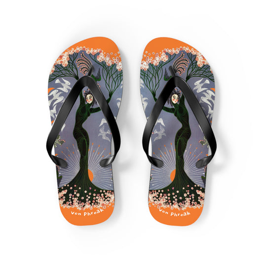 Tree Blossom Lady Flip Flops, Von Phreak Unique Flip Flops, Summer Footwear, Floral Design Beach Shoes, Made to Order
