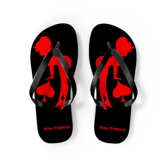 Von Phreak Rebel Flip Flops - Black with Red Silhouette of Mud-Flap Stylish Summer Footwear, Beach Essentials, Poolside Comfort, Vacation Ready, Trendy Accessories
