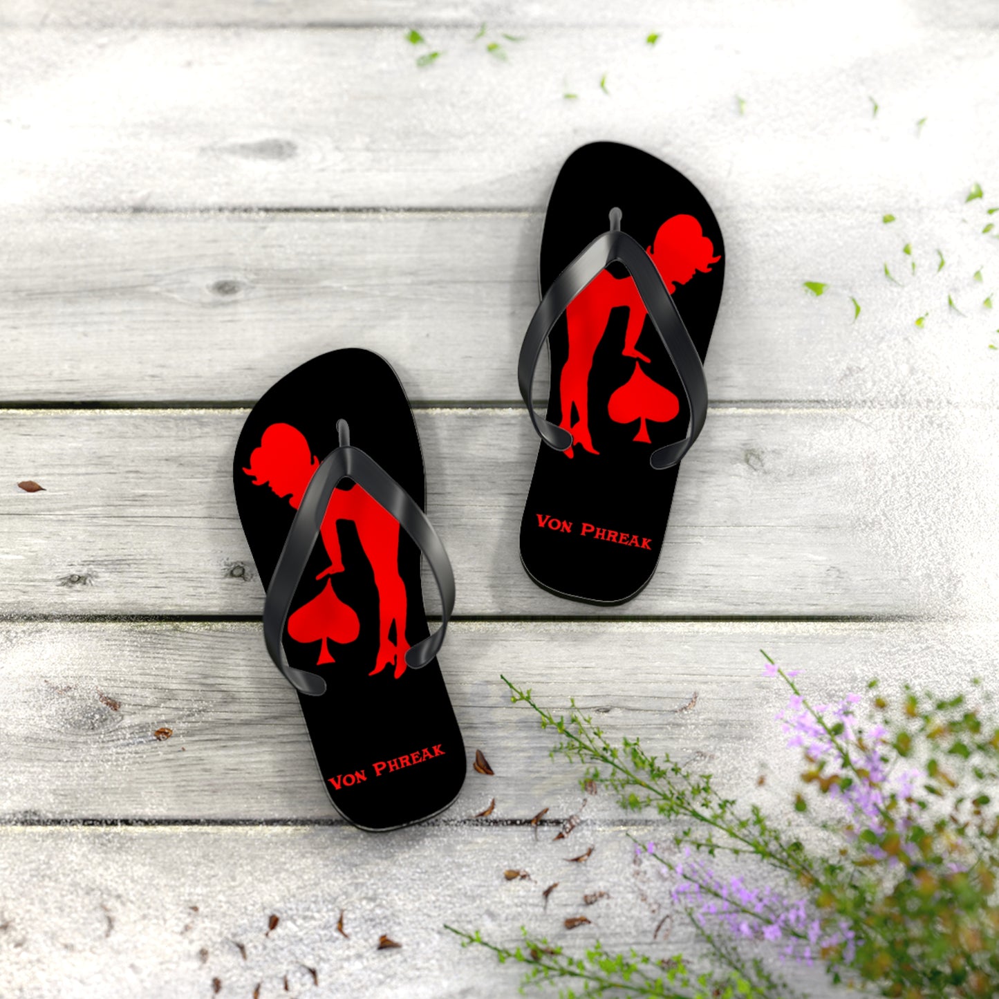 Von Phreak Rebel Flip Flops - Black with Red Silhouette of Mud-Flap Stylish Summer Footwear, Beach Essentials, Poolside Comfort, Vacation Ready, Trendy Accessories