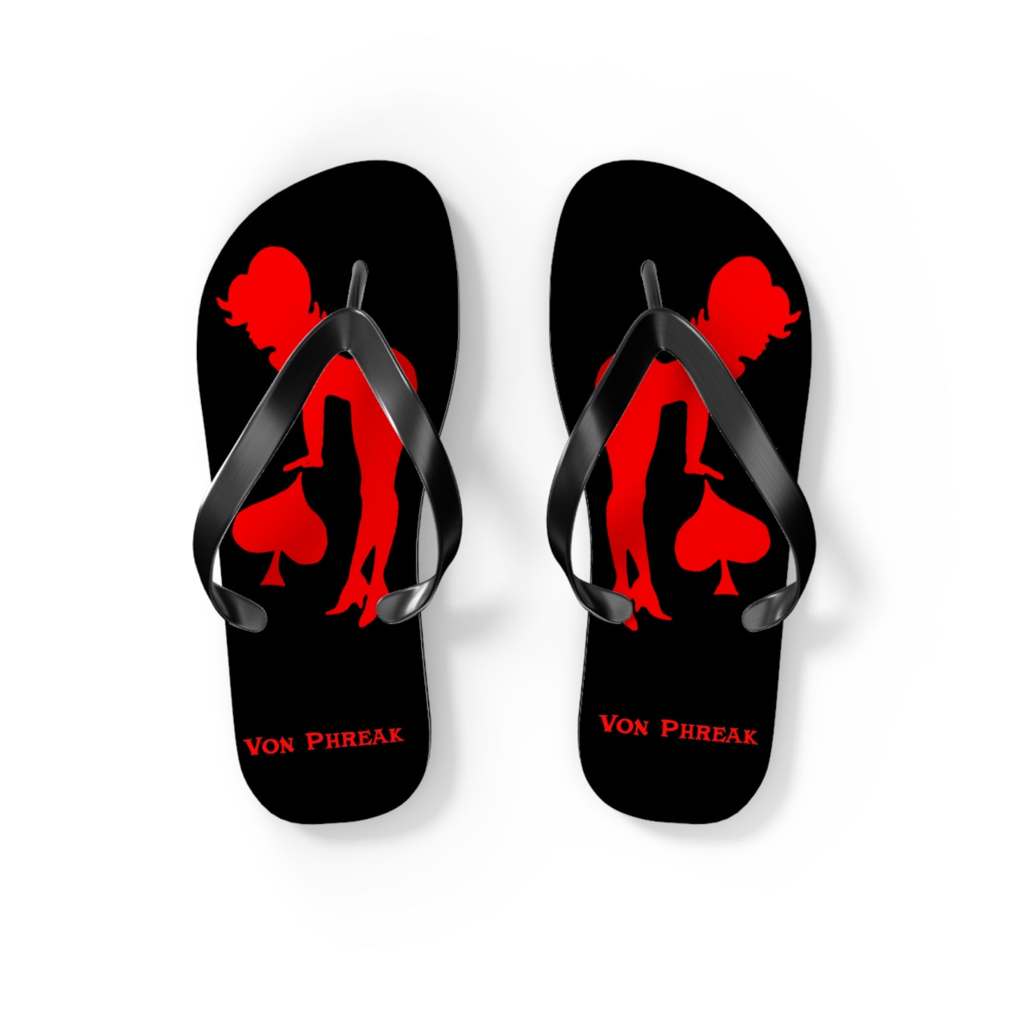 Von Phreak Rebel Flip Flops - Black with Red Silhouette of Mud-Flap Stylish Summer Footwear, Beach Essentials, Poolside Comfort, Vacation Ready, Trendy Accessories