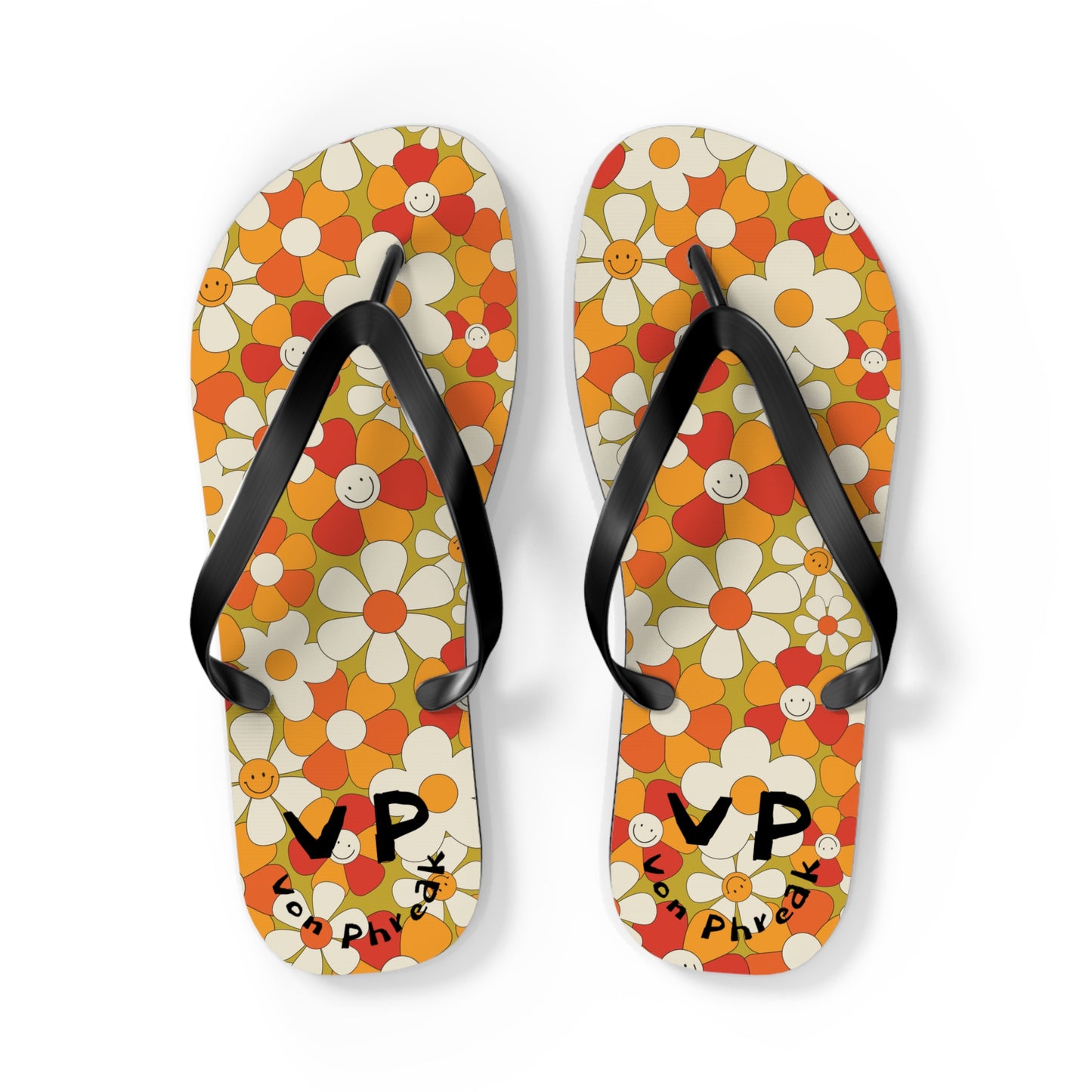 Flip Flops - Von Phreak 60's Daisy Flower with Smileys - Summer Beach Footwear (MTO)