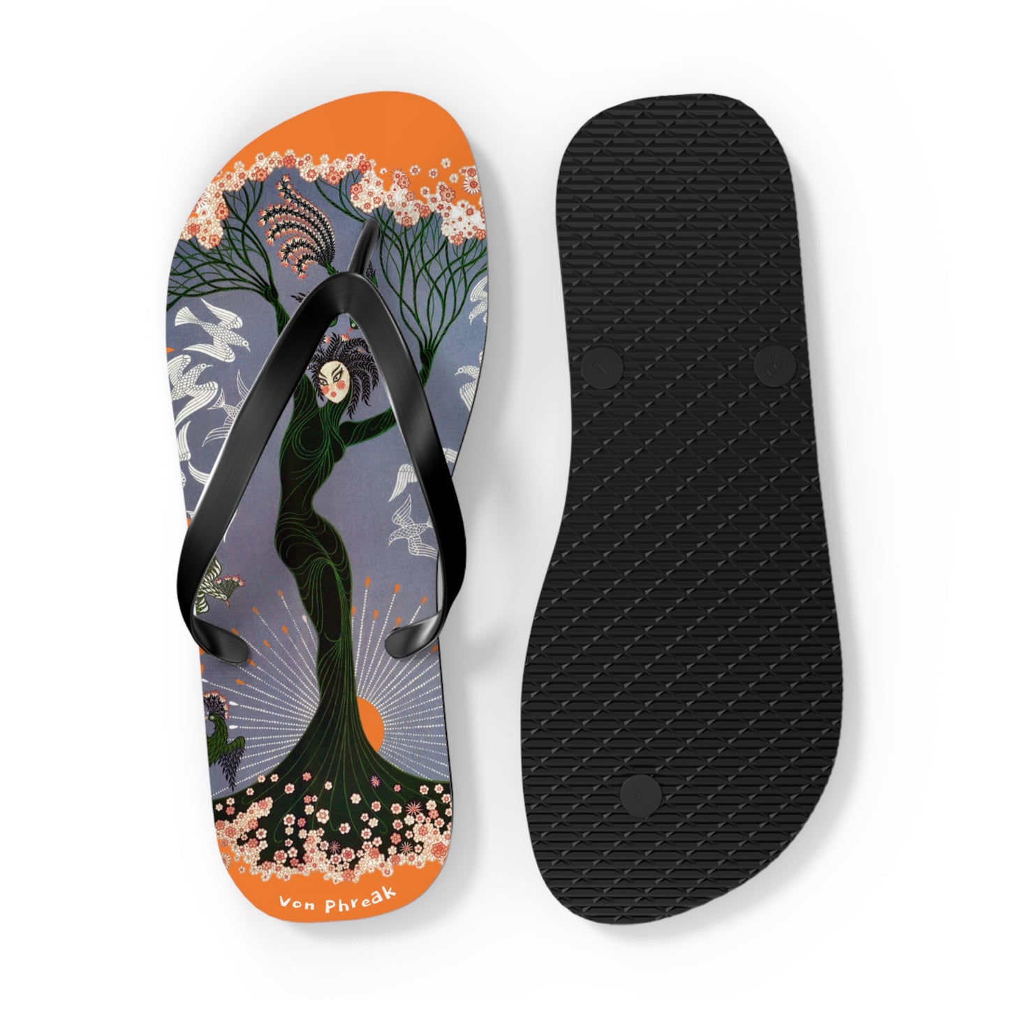 Tree Blossom Lady Flip Flops, Von Phreak Unique Flip Flops, Summer Footwear, Floral Design Beach Shoes, Made to Order