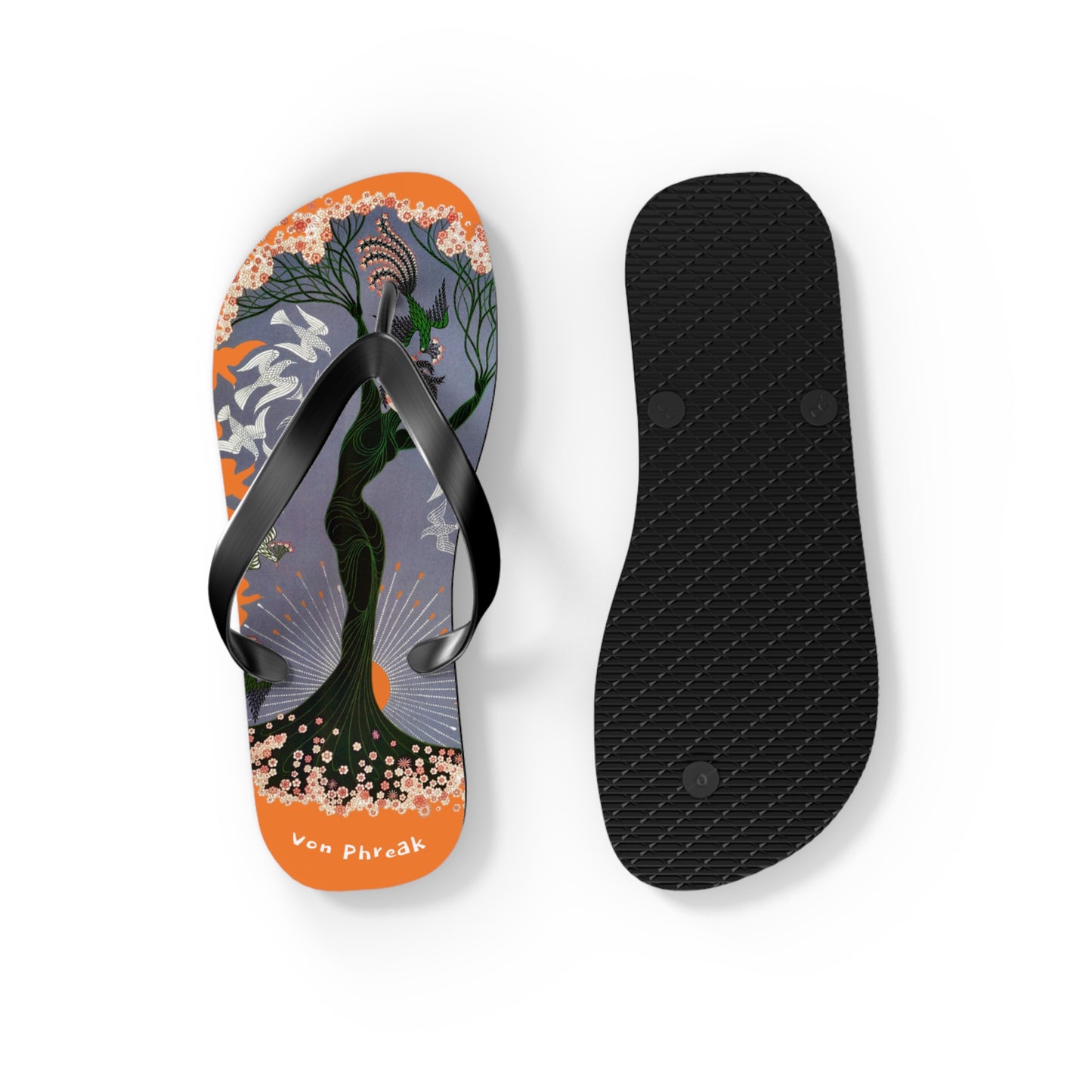 Tree Blossom Lady Flip Flops, Von Phreak Unique Flip Flops, Summer Footwear, Floral Design Beach Shoes, Made to Order