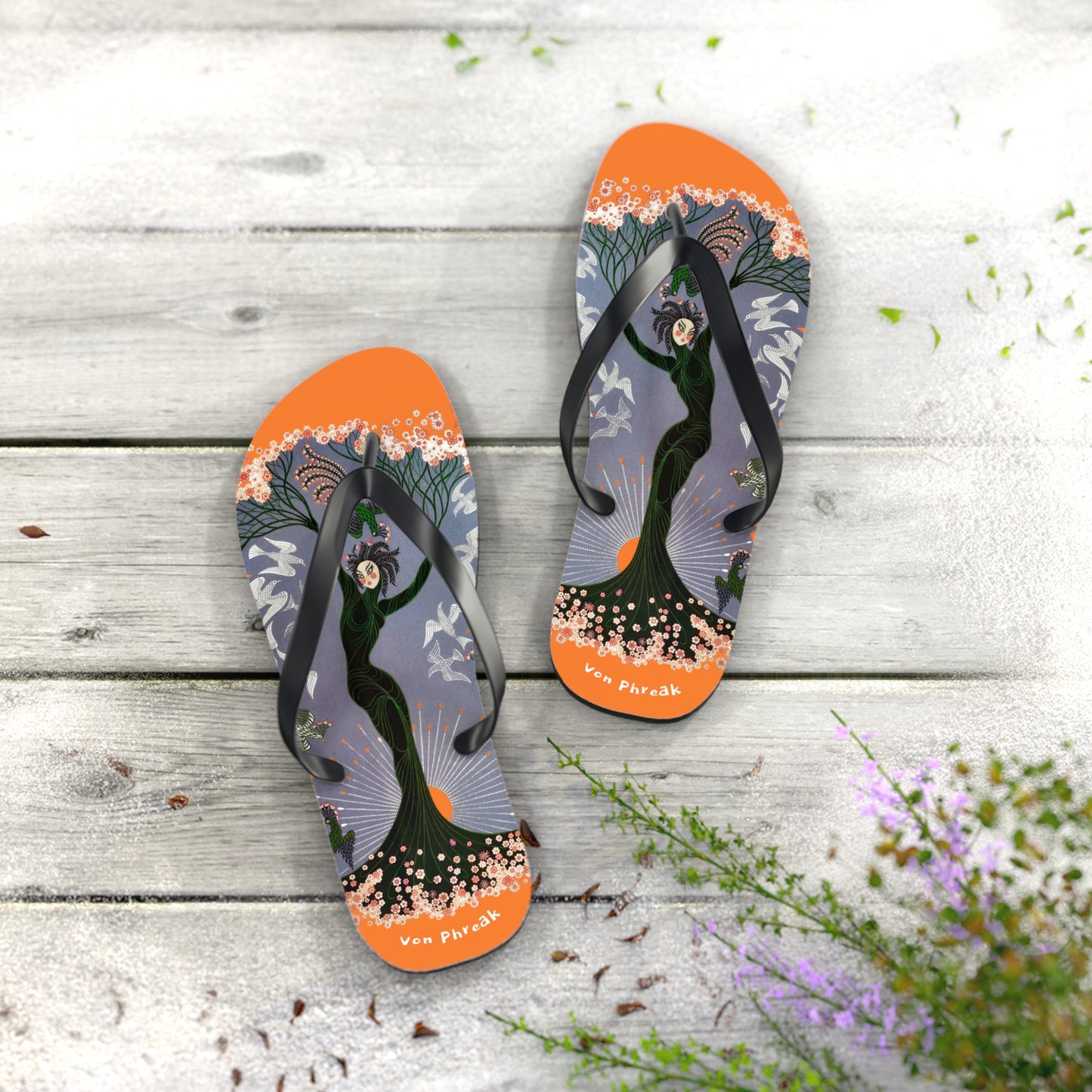 Tree Blossom Lady Flip Flops, Von Phreak Unique Flip Flops, Summer Footwear, Floral Design Beach Shoes, Made to Order