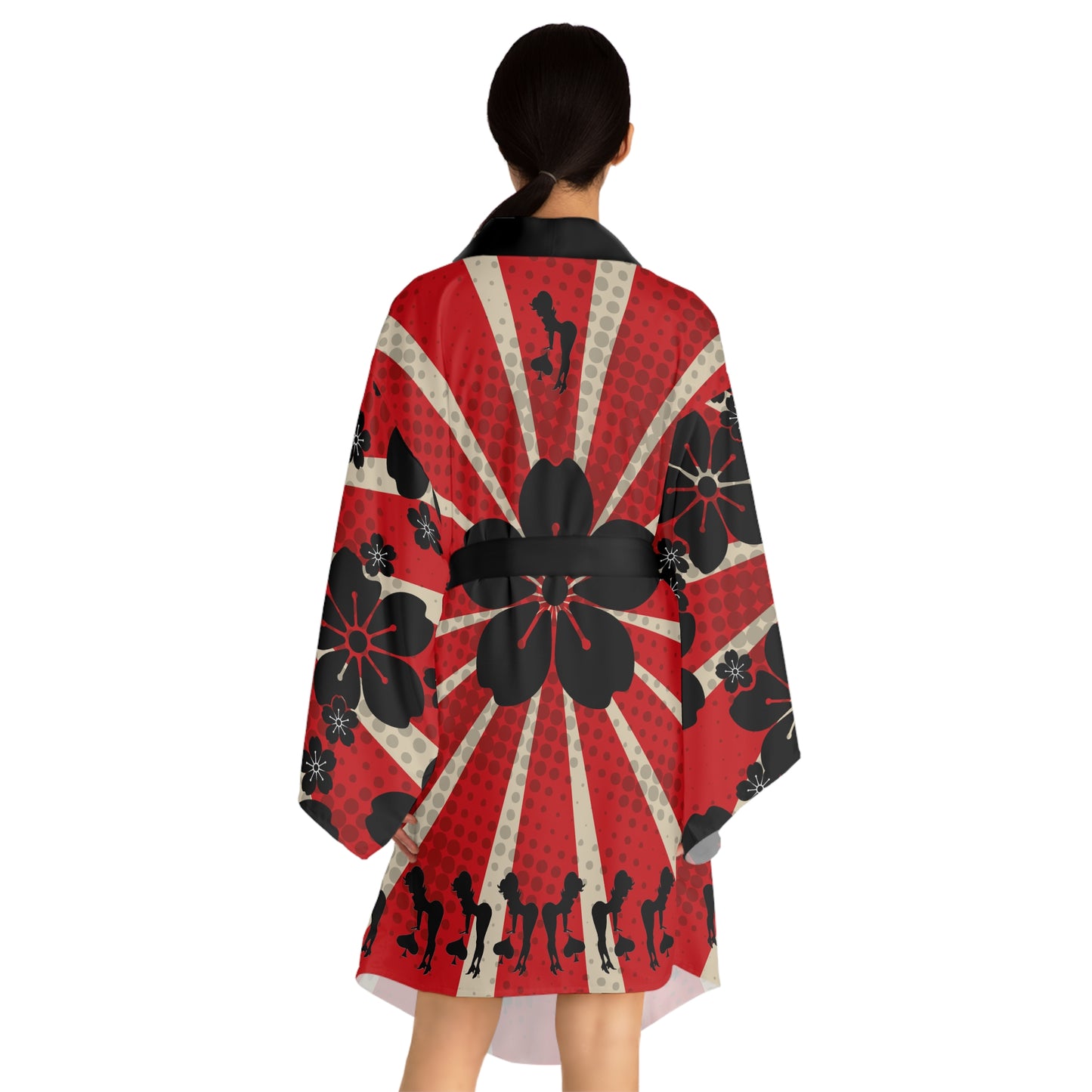Red Sunburst Black Spade Girl  Long Sleeve Kimono Robe by Von Phreak