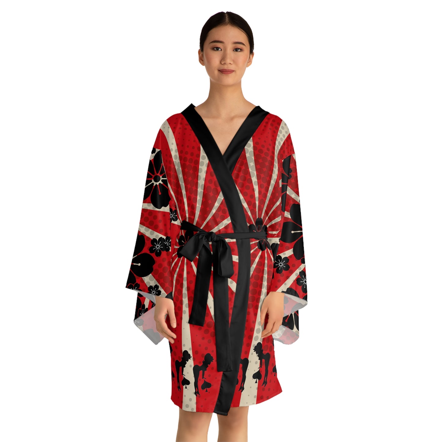 Red Sunburst Black Spade Girl  Long Sleeve Kimono Robe by Von Phreak