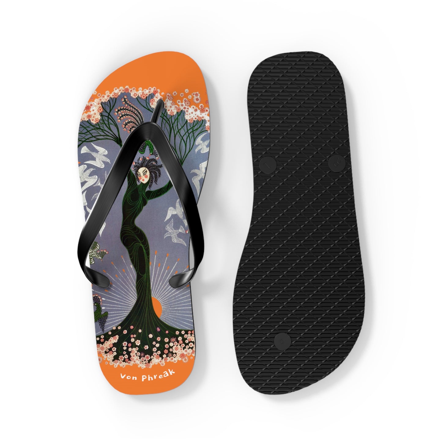 Tree Blossom Lady Flip Flops, Von Phreak Unique Flip Flops, Summer Footwear, Floral Design Beach Shoes, Made to Order