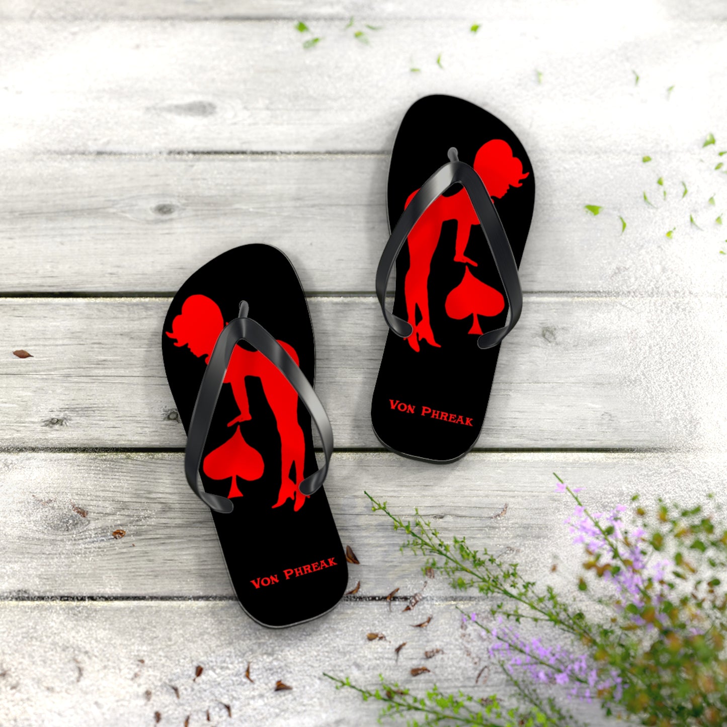 Von Phreak Rebel Flip Flops - Black with Red Silhouette of Mud-Flap Stylish Summer Footwear, Beach Essentials, Poolside Comfort, Vacation Ready, Trendy Accessories