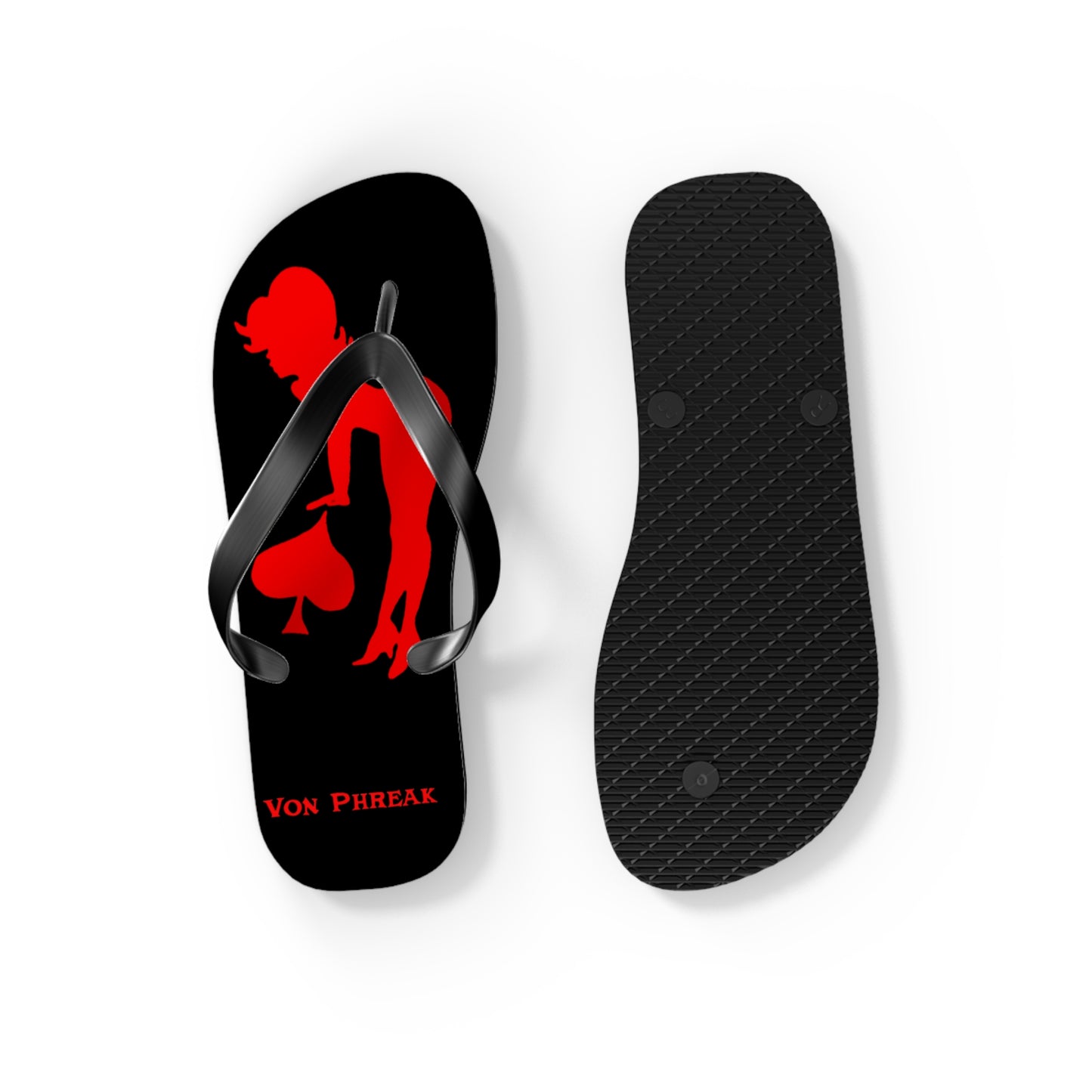 Von Phreak Rebel Flip Flops - Black with Red Silhouette of Mud-Flap Stylish Summer Footwear, Beach Essentials, Poolside Comfort, Vacation Ready, Trendy Accessories