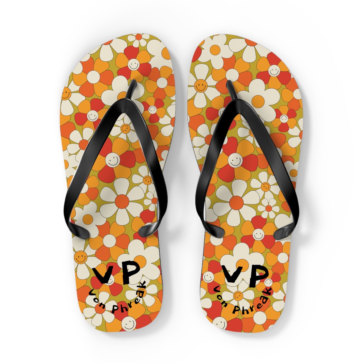 Flip Flops - Von Phreak 60's Daisy Flower with Smileys - Summer Beach Footwear (MTO)