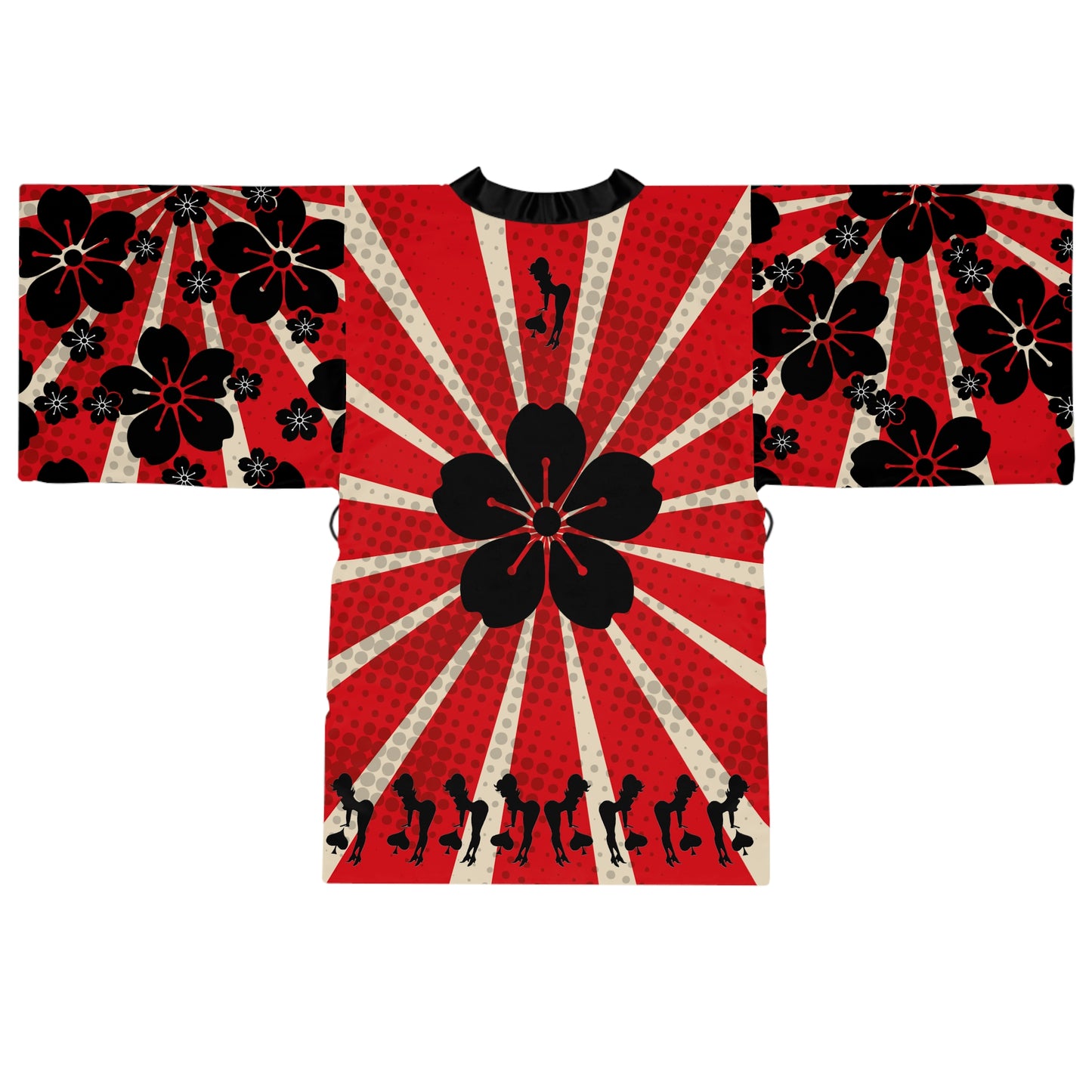 Red Sunburst Black Spade Girl  Long Sleeve Kimono Robe by Von Phreak