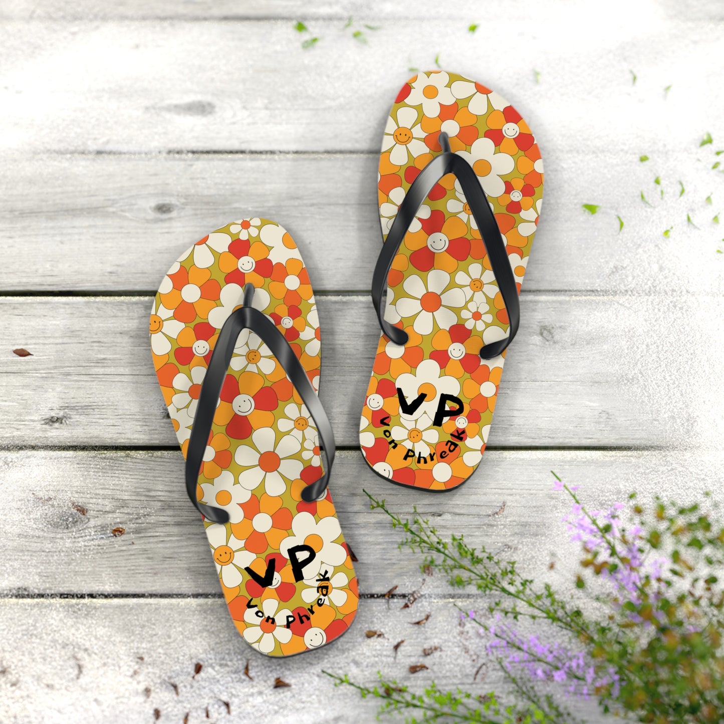 Flip Flops - Von Phreak 60's Daisy Flower with Smileys - Summer Beach Footwear (MTO)