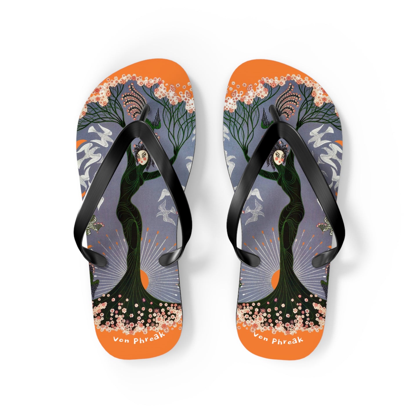 Tree Blossom Lady Flip Flops, Von Phreak Unique Flip Flops, Summer Footwear, Floral Design Beach Shoes, Made to Order
