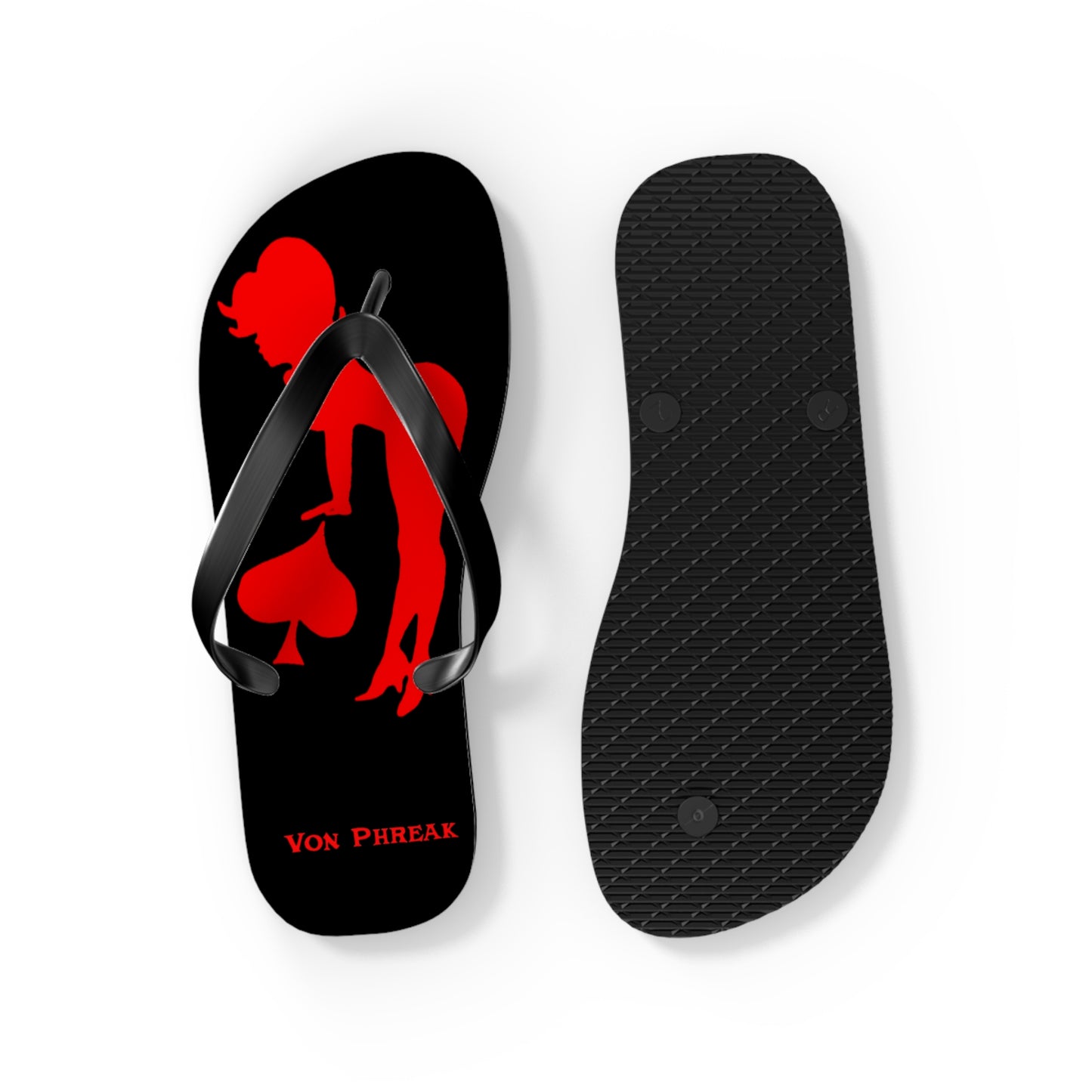 Von Phreak Rebel Flip Flops - Black with Red Silhouette of Mud-Flap Stylish Summer Footwear, Beach Essentials, Poolside Comfort, Vacation Ready, Trendy Accessories