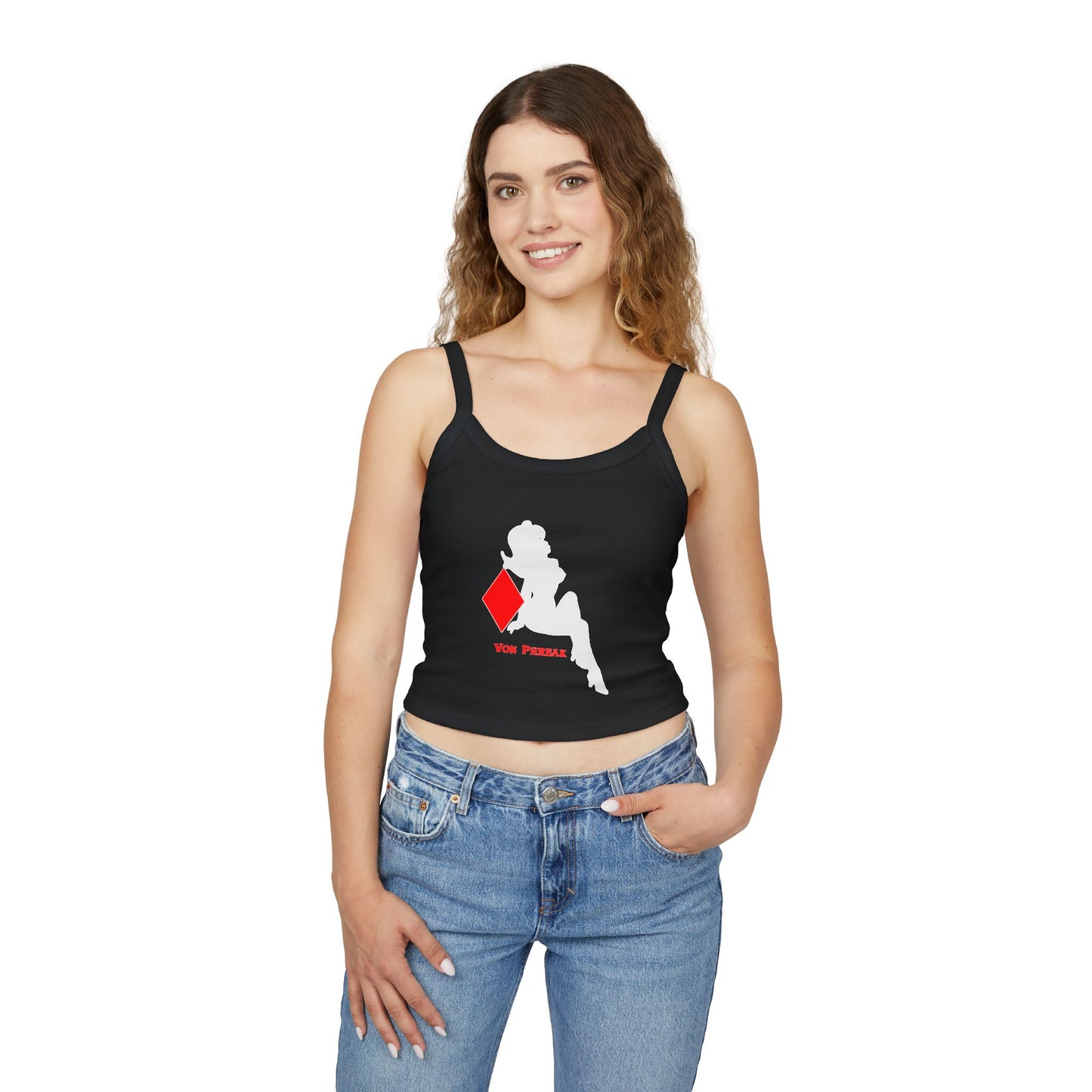 Von Phreak Red Diamond Silhouette of White Mud-Flap Girl Women's Spaghetti Strap Tank Top (MTO)