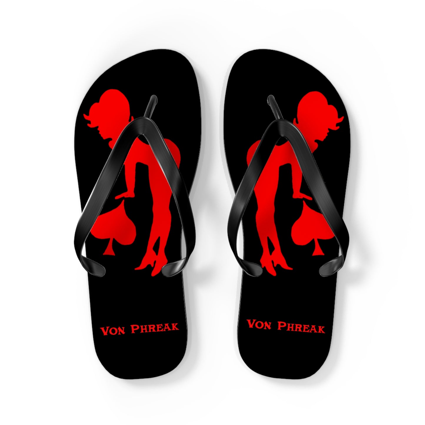 Von Phreak Rebel Flip Flops - Black with Red Silhouette of Mud-Flap Stylish Summer Footwear, Beach Essentials, Poolside Comfort, Vacation Ready, Trendy Accessories