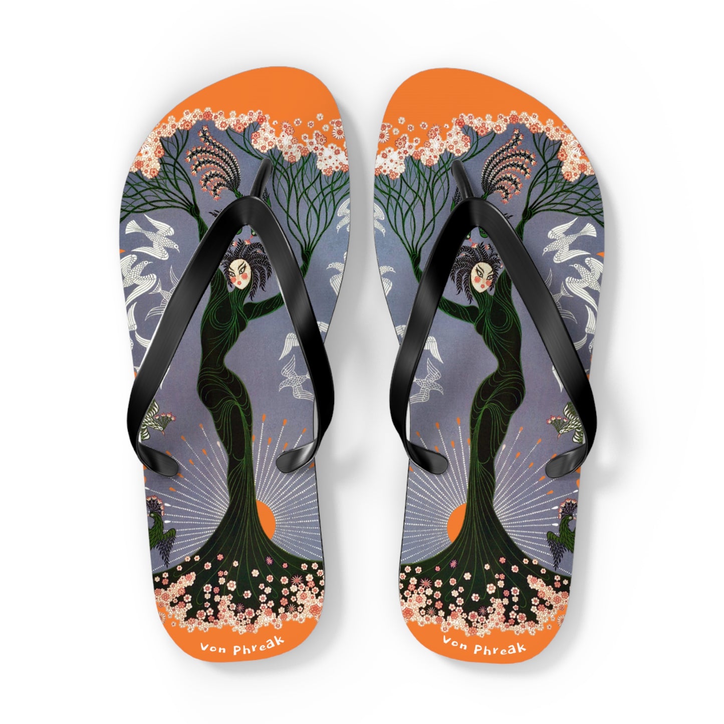 Tree Blossom Lady Flip Flops, Von Phreak Unique Flip Flops, Summer Footwear, Floral Design Beach Shoes, Made to Order