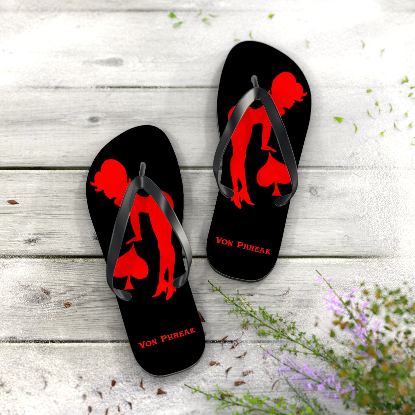 Von Phreak Rebel Flip Flops - Black with Red Silhouette of Mud-Flap Stylish Summer Footwear, Beach Essentials, Poolside Comfort, Vacation Ready, Trendy Accessories