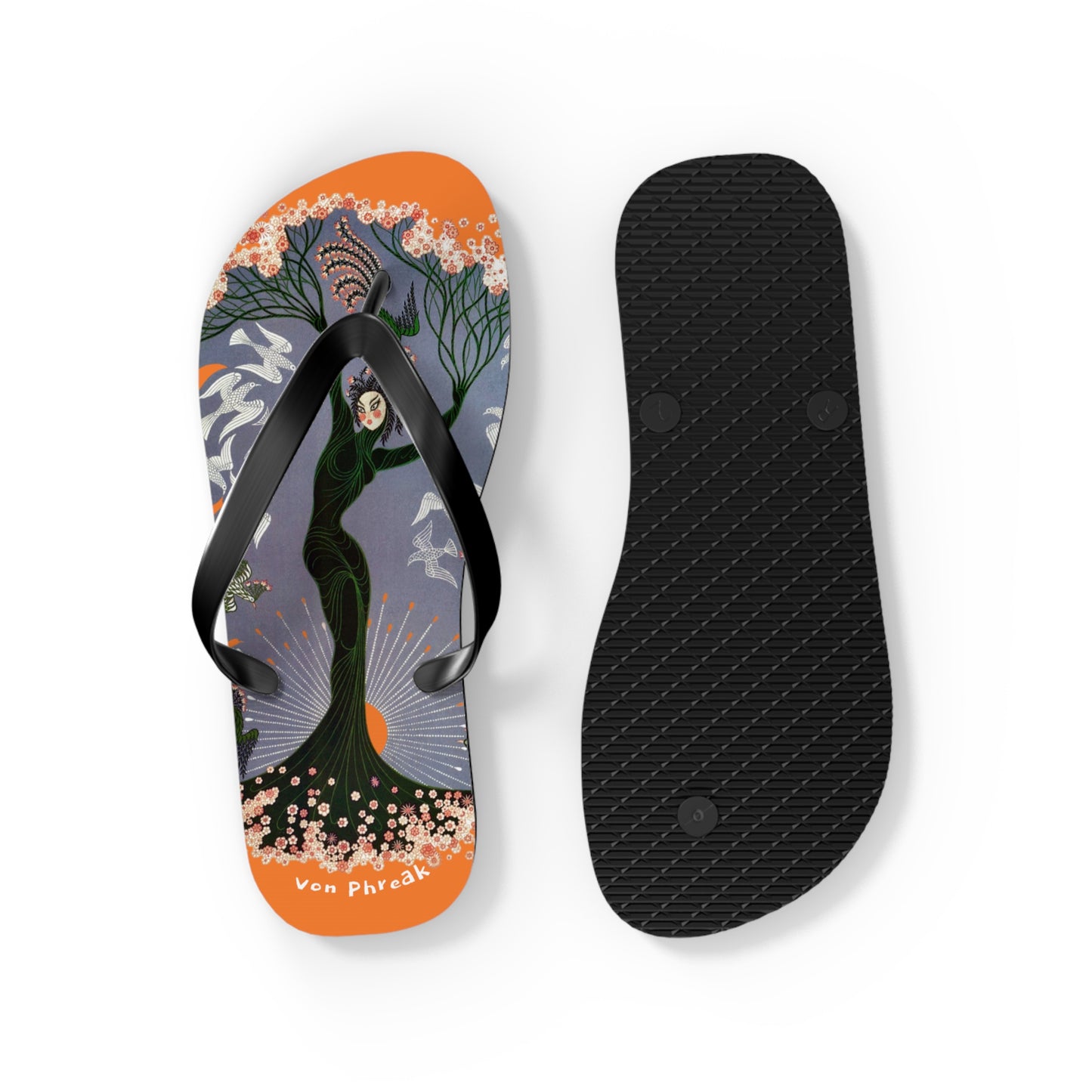 Tree Blossom Lady Flip Flops, Von Phreak Unique Flip Flops, Summer Footwear, Floral Design Beach Shoes, Made to Order