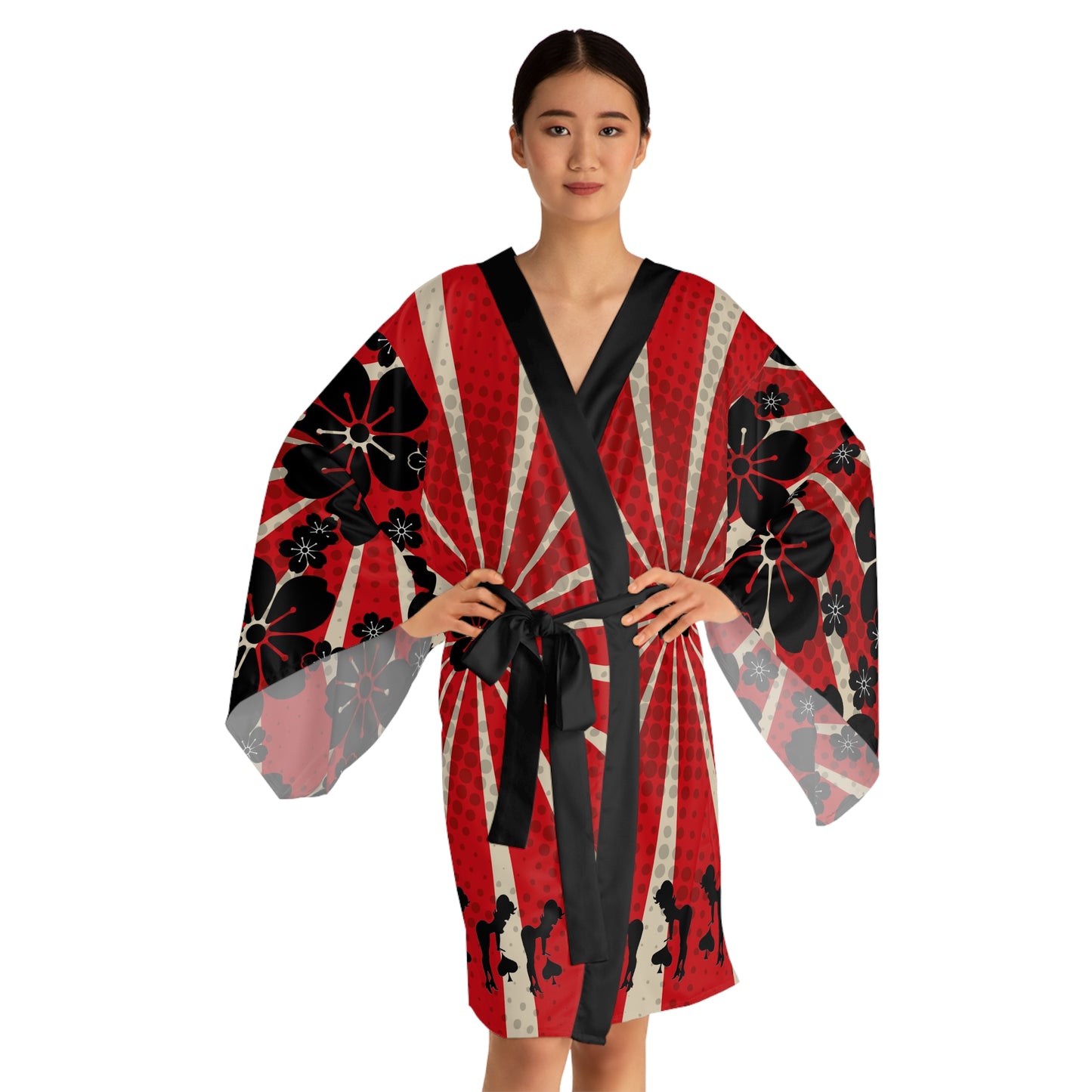 Red Sunburst Black Spade Girl  Long Sleeve Kimono Robe by Von Phreak