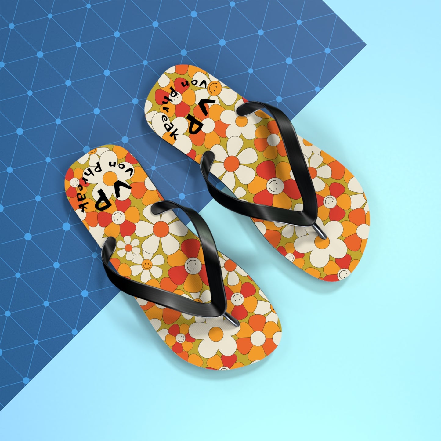 Flip Flops - Von Phreak 60's Daisy Flower with Smileys - Summer Beach Footwear (MTO)
