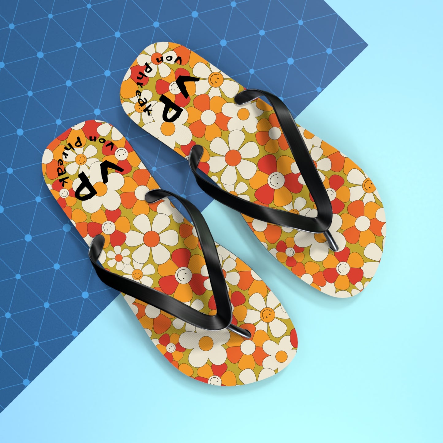 Flip Flops - Von Phreak 60's Daisy Flower with Smileys - Summer Beach Footwear (MTO)