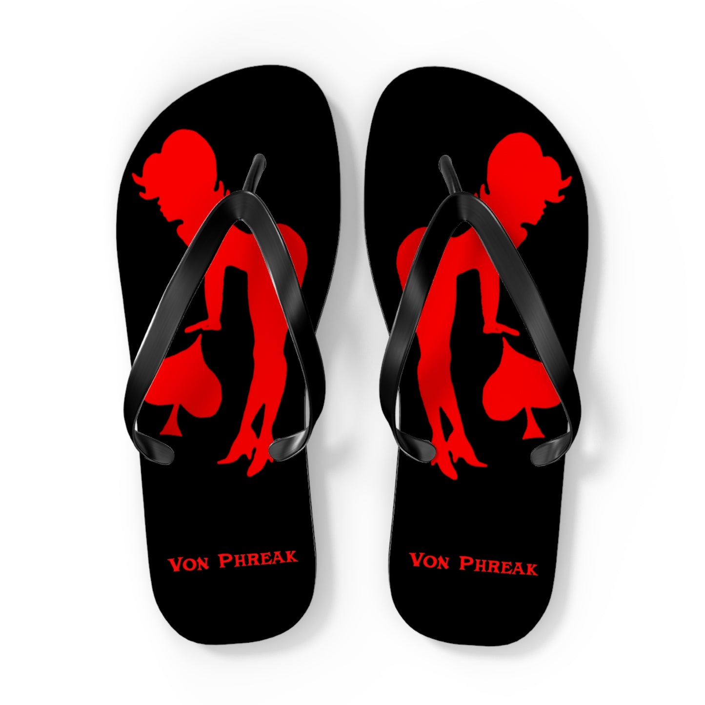 Von Phreak Rebel Flip Flops - Black with Red Silhouette of Mud-Flap Stylish Summer Footwear, Beach Essentials, Poolside Comfort, Vacation Ready, Trendy Accessories