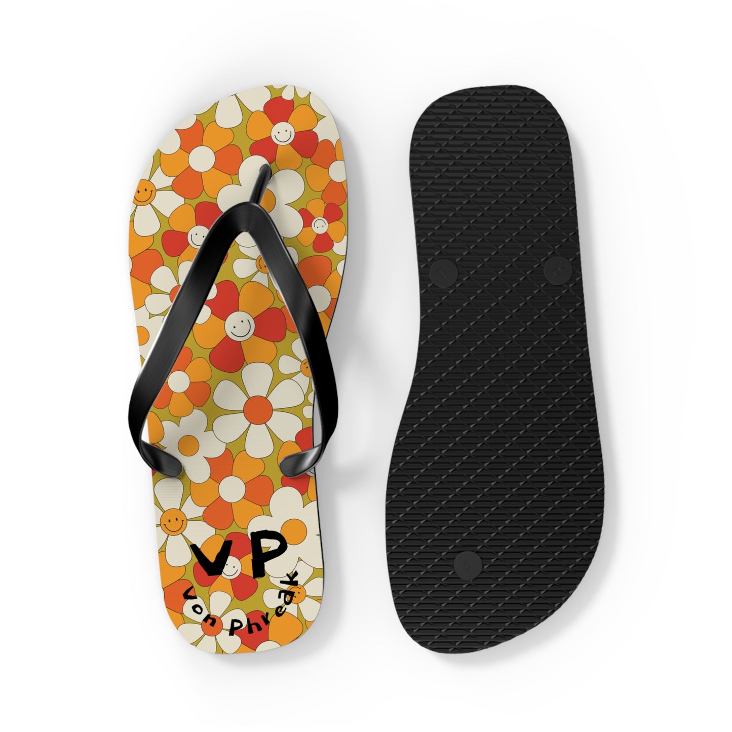 Flip Flops - Von Phreak 60's Daisy Flower with Smileys - Summer Beach Footwear (MTO)
