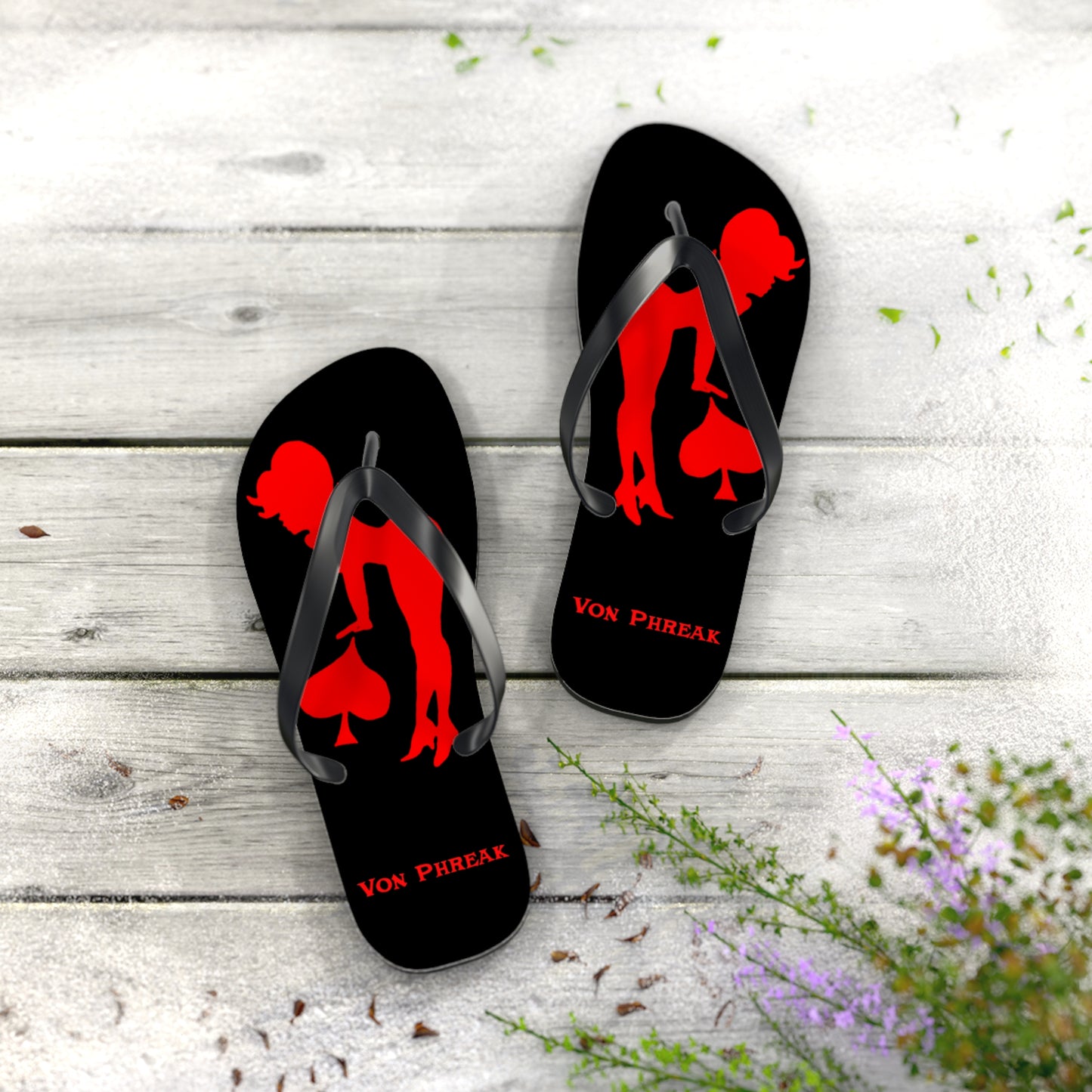 Von Phreak Rebel Flip Flops - Black with Red Silhouette of Mud-Flap Stylish Summer Footwear, Beach Essentials, Poolside Comfort, Vacation Ready, Trendy Accessories