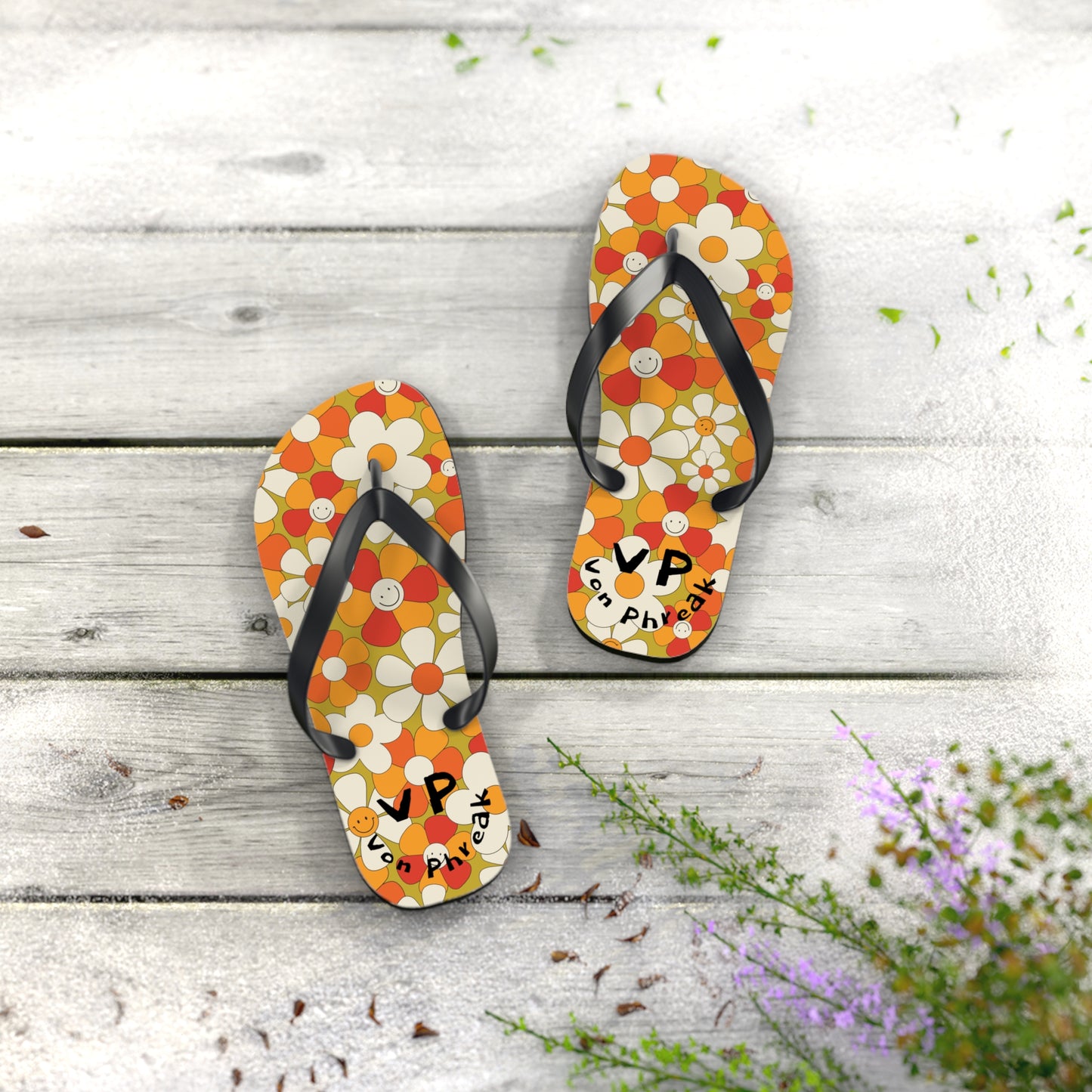 Flip Flops - Von Phreak 60's Daisy Flower with Smileys - Summer Beach Footwear (MTO)