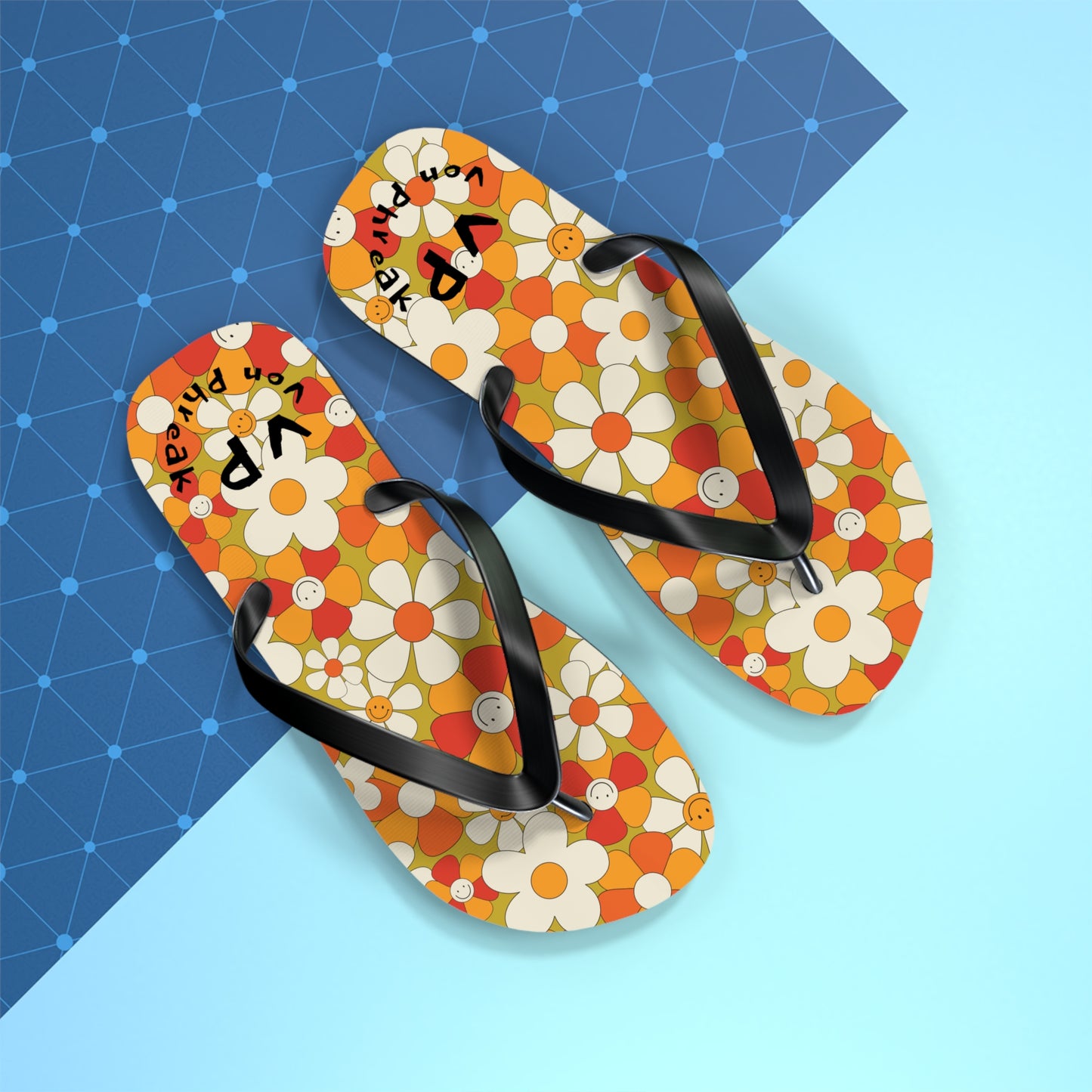 Flip Flops - Von Phreak 60's Daisy Flower with Smileys - Summer Beach Footwear (MTO)