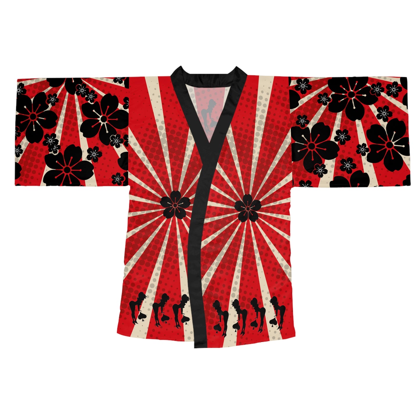 Red Sunburst Black Spade Girl  Long Sleeve Kimono Robe by Von Phreak