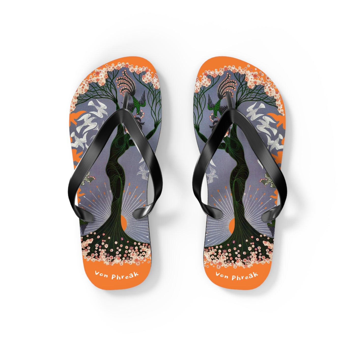 Tree Blossom Lady Flip Flops, Von Phreak Unique Flip Flops, Summer Footwear, Floral Design Beach Shoes, Made to Order