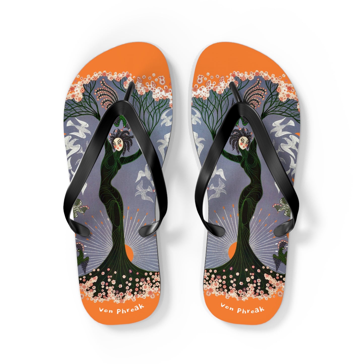 Tree Blossom Lady Flip Flops, Von Phreak Unique Flip Flops, Summer Footwear, Floral Design Beach Shoes, Made to Order