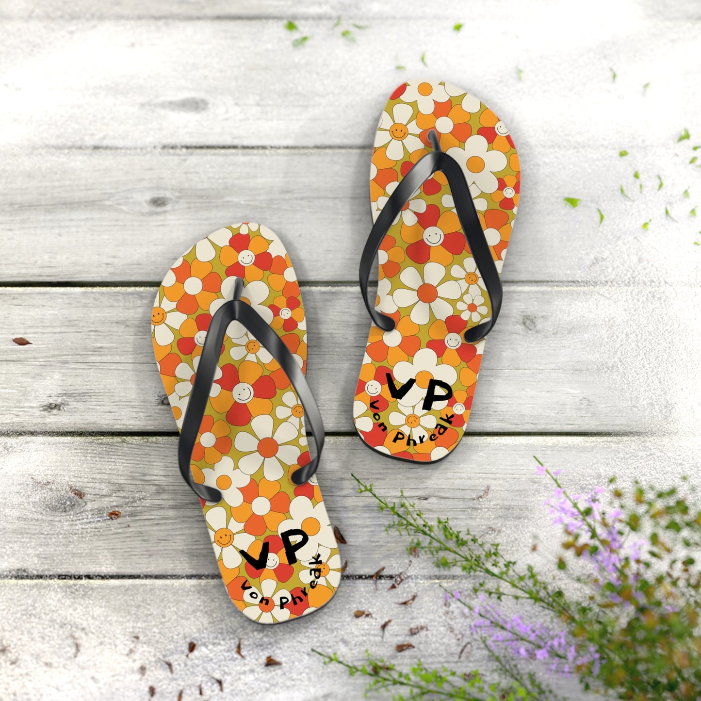 Flip Flops - Von Phreak 60's Daisy Flower with Smileys - Summer Beach Footwear (MTO)