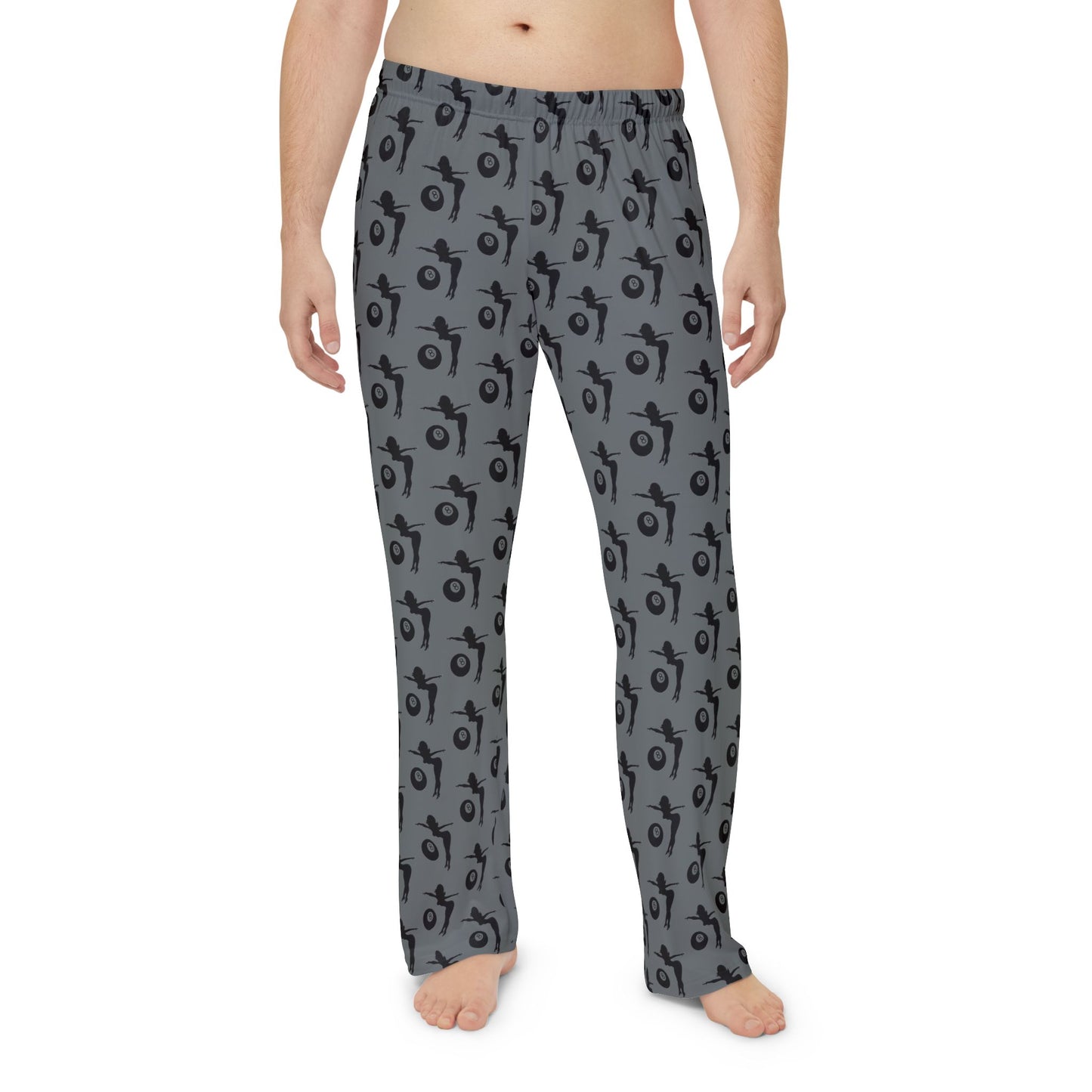 Men's Pajama Pants with Mud-Flap Girl Holding 8-Ball - Grey and Black (MTO)
