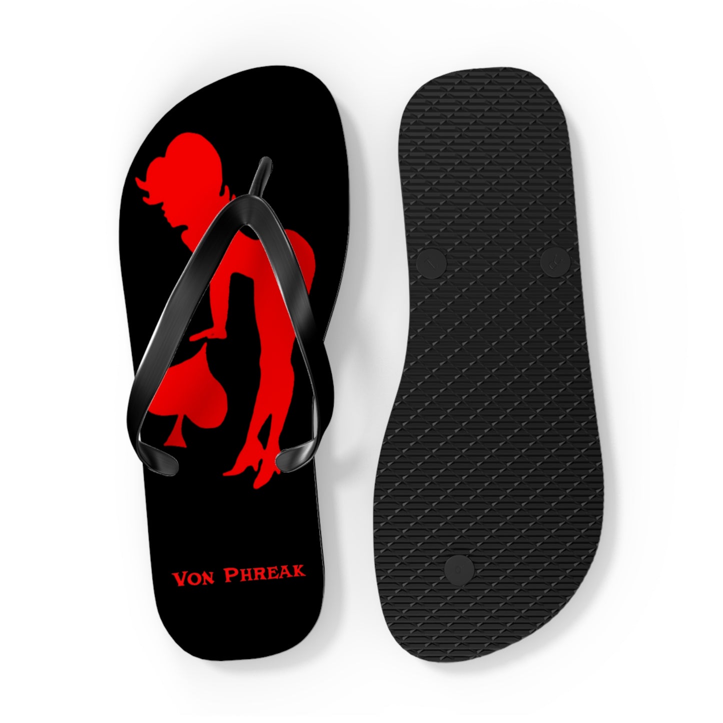 Von Phreak Rebel Flip Flops - Black with Red Silhouette of Mud-Flap Stylish Summer Footwear, Beach Essentials, Poolside Comfort, Vacation Ready, Trendy Accessories