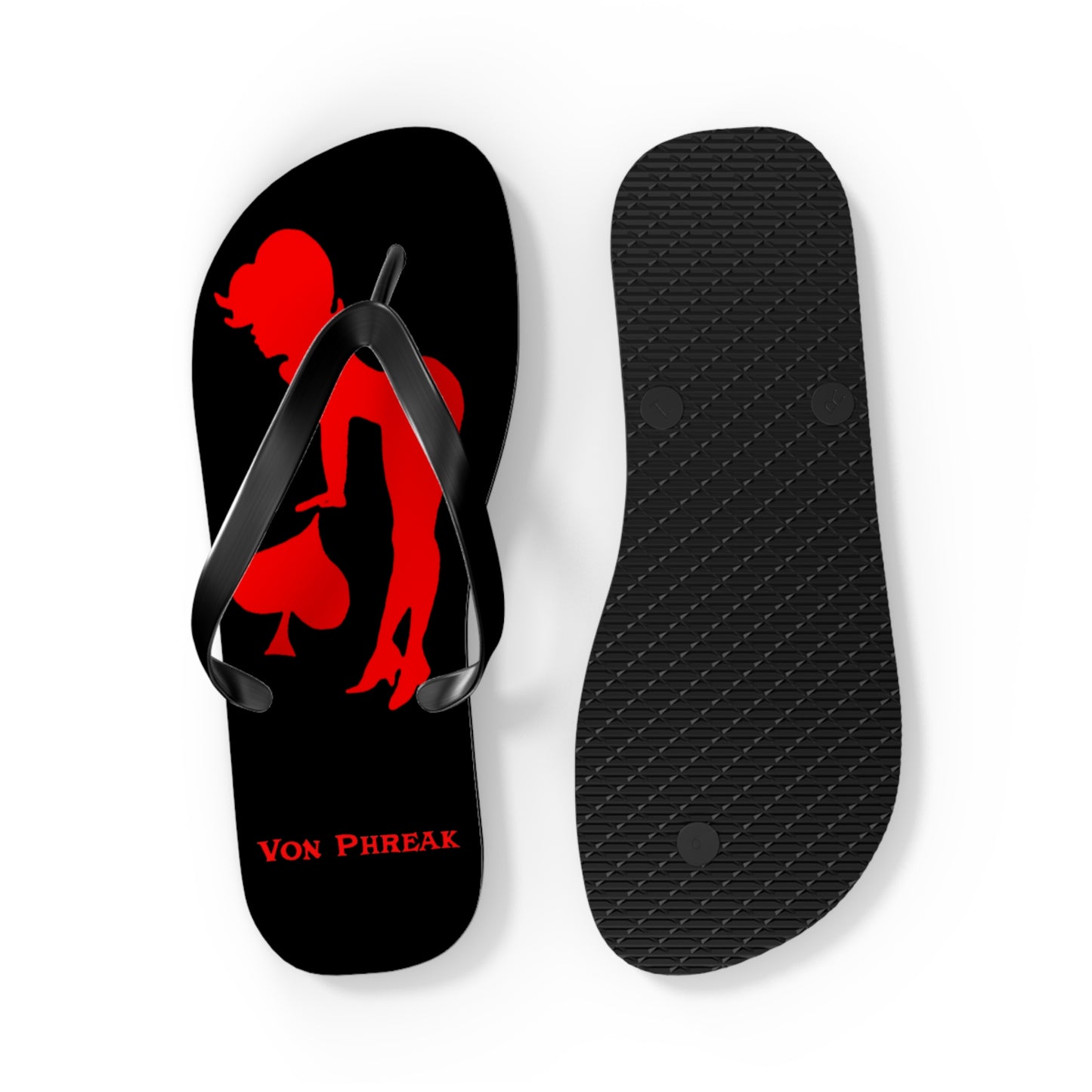 Von Phreak Rebel Flip Flops - Black with Red Silhouette of Mud-Flap Stylish Summer Footwear, Beach Essentials, Poolside Comfort, Vacation Ready, Trendy Accessories