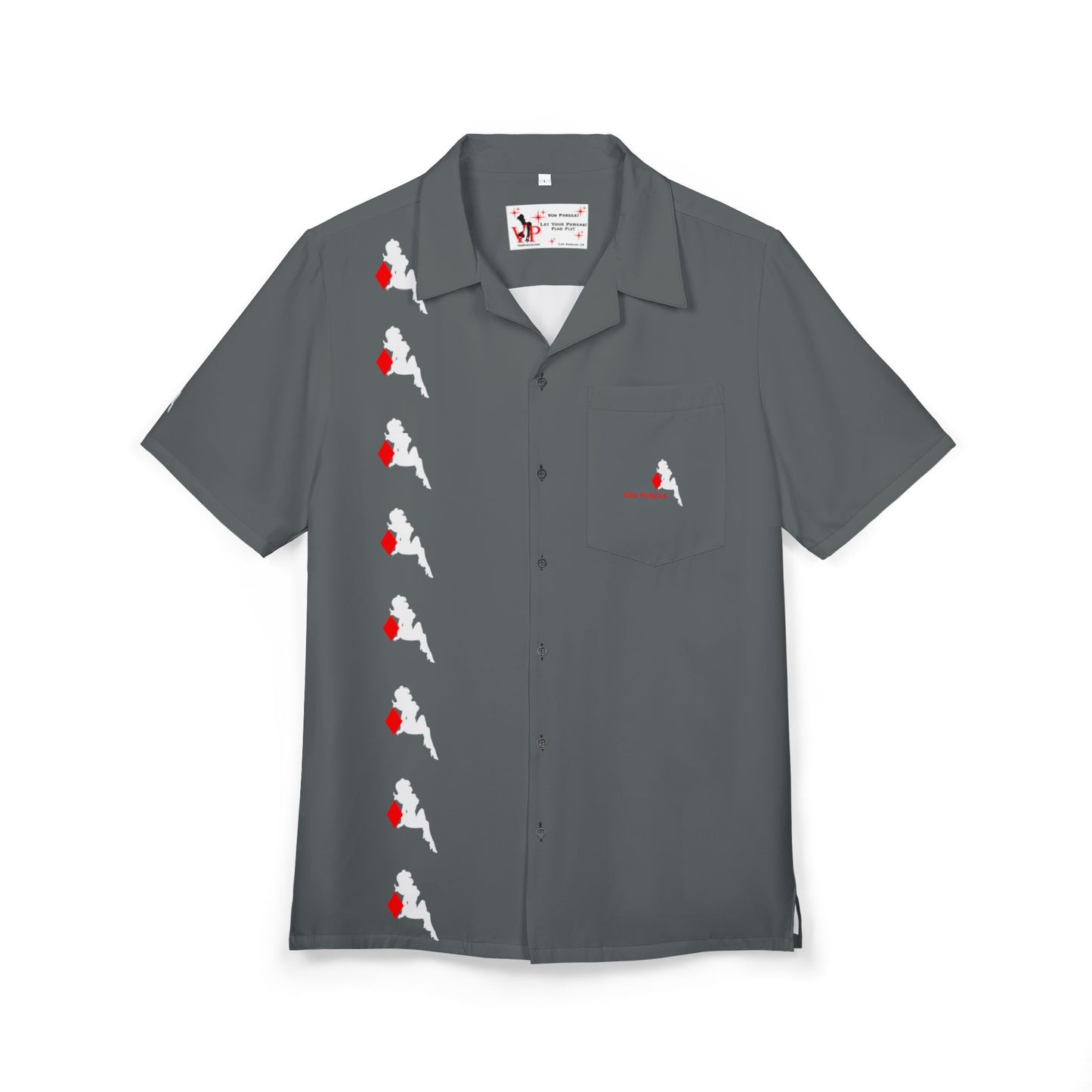 Von Phreak Hawaiian Shirt with Red Diamond & Mud-Flap Girl Design Dark Grey